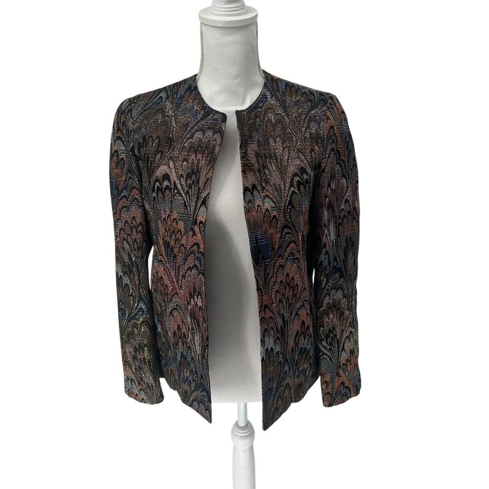 Vintage Mikabe Metallic Blue & Amber Swirl Open Evening Jacket Sz 10